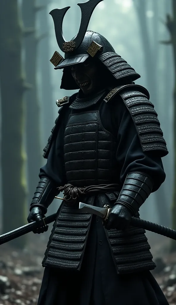 8k quality hyper-realistic image of a japanese villain in traditional samurai armor, wielding a katana and wearing a dark, eerie...