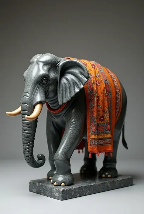 Small grey black marble elephant with colourful cloth 