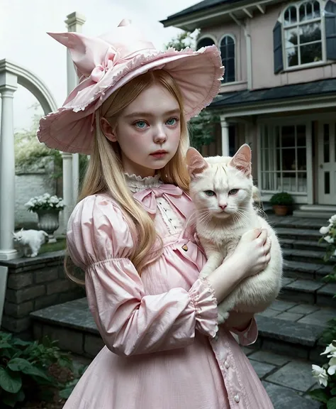 blond woman in pink dress holding a cat in front of a house, white cat in a pink dress, white cat girl, like alice in wonderland, very beautiful cute catgirl, white ( cat ) girl, victorian style costume, attractive cat girl, in victorian aristocrat, elle f...