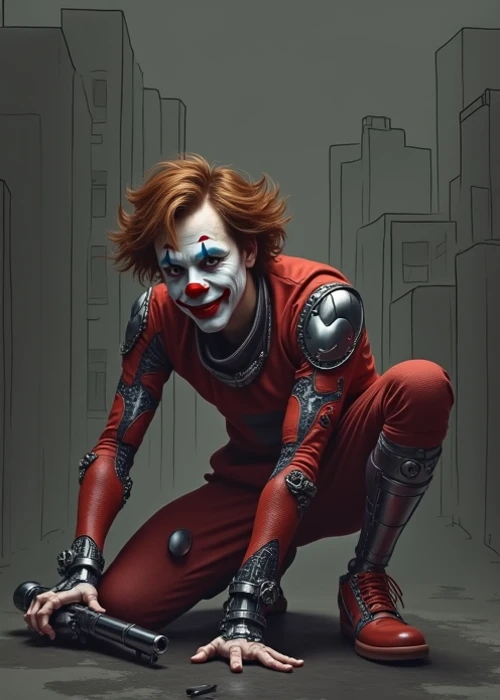 realistic portrait, aged 22, young male naughty clown, messy brown hair, crouching, robotic body, playing with a short gun, simple outlined sci-fi dark city in the background.