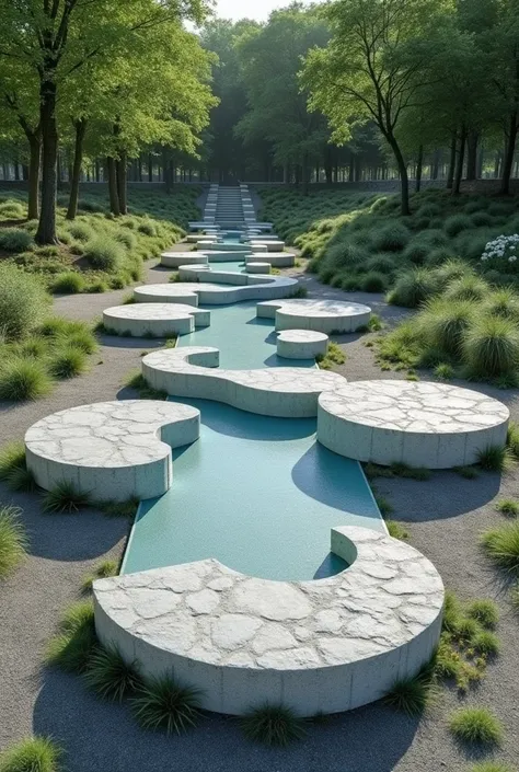 Design of four stone circular  next to Bekdiger of different sizes in tandem and in the distance between these stone ta circle shaped stone to sit on the slopes created between the triangles in the park space and one of the triangle sides in blue