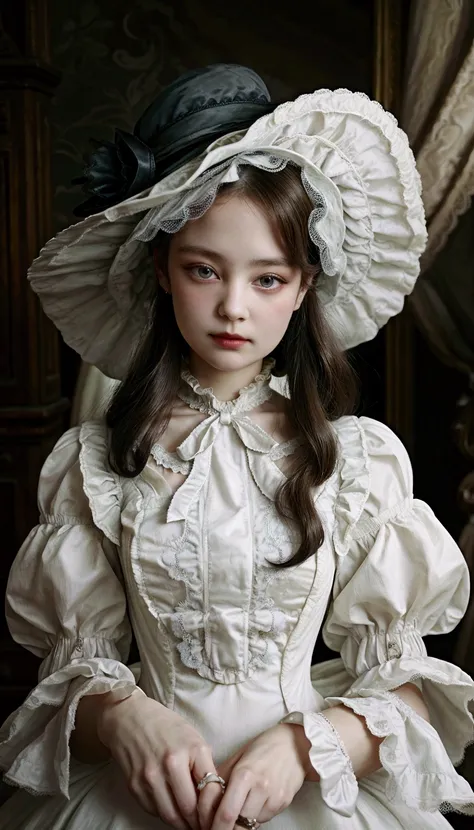 there is a woman in a white dress and a hat eating, victorian style costume, dress in the style of rococo, rococo queen, rococo style portrait, rococo fashion, # rococo, in victorian aristocrat, wearing victorian clothes, victorian gothic lolita fashion, r...