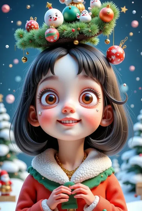 A woman with a Christmas tree hanging on her head, Cheng Yanjuns digital art, Trending on CGSociety, Fantasy Art,  trending on cgstation ,   Realistic Cute Girl Paintings , Adorable realistic portrait , 8K)), 8K high quality detailed art,  cute detailed di...