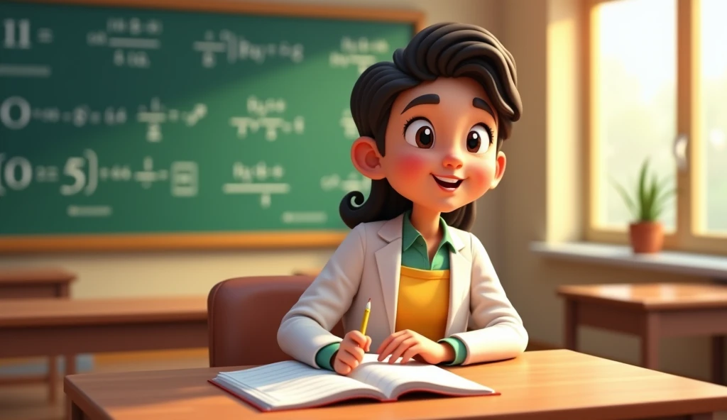 Equations and Inequalities:

"A 3D cartoon scene for a Pakistani Grade 9 textbook cover, showing a teacher in traditional shalwar kameez, sitting at a desk with textbooks, one open to a topic on Linear Equations and Inequalities. The blackboard behind the ...