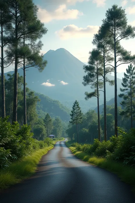 "Photo-realistic view of a small asphalt road in an Indonesian village, lined with tropical pine trees along the roadside. In the background, a mountain and clouds create a calm, slightly mysterious landscape typical of Indonesia."
