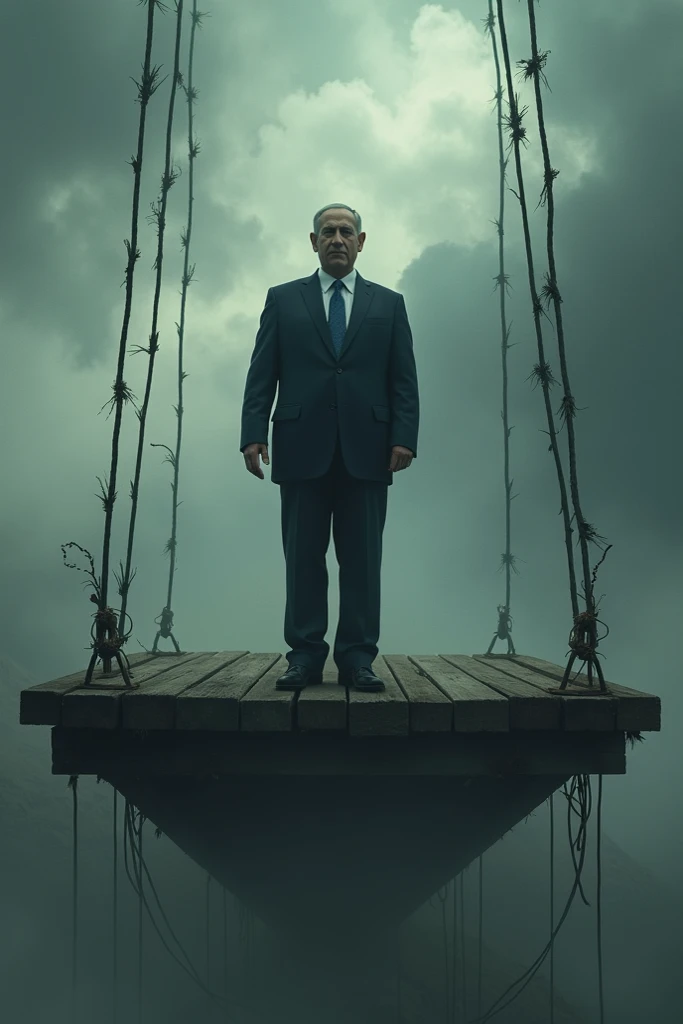 Benjamin Netanyahu standing on a Hanging platform 