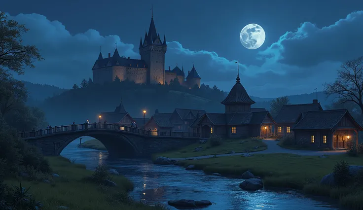 village、 real、Realistic、8k，river、There is a bridge between the castle and the prairie、night