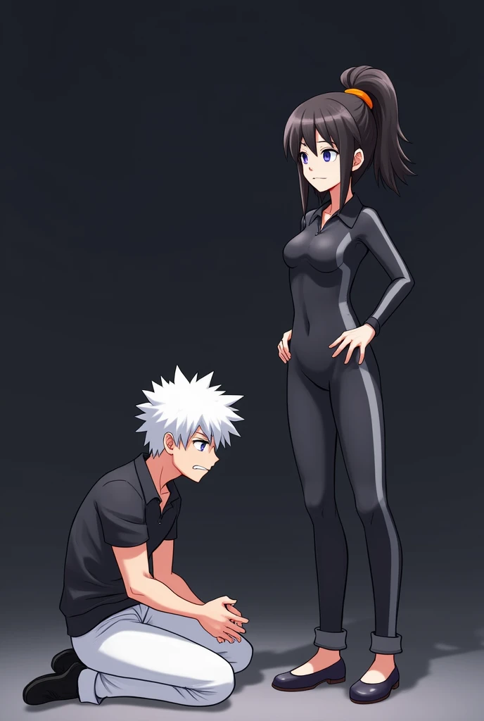 image: joy ,  a character with white hair and blue eyes on his knees ,  muscular with a tight black polo shirt and white pants,  with folded hands in a pleading attitude ,  and Geto  ,  a black-haired character standing ,  with a tuft and tied her hair ,  ...