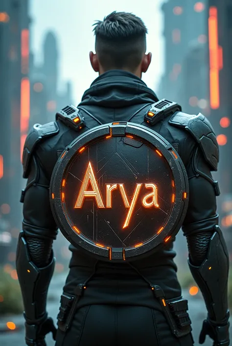 A round emblem with the name ARYA written in relief on a background of a beautiful futuristic warrior 