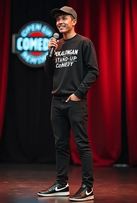 photography artistic, realistic, A handsome young man, short curly hair, wearing a flat cap, wearing crewneck that says Pekalongan stand up comedy, slim fit black denim pants, Nike Air Jordan series sneakers, standing at an open mic at a stand up comedy ev...