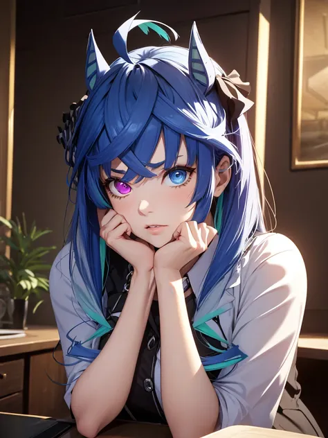 (​masterpiece, top-quality, hight resolution, Unity 8k, extremely details CG:1, Best Picture), ((small breasts)), Twin_Turbo_Umamusume, aqua hair, twintails, heterochromia, purple eyes, blue eyes, sharp teeth, horse ears, hotel room, She has an expression ...