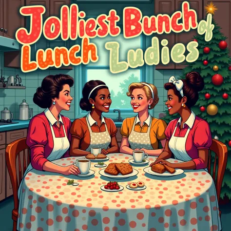 black background,t-shirt design realistic,playful,vibrant pop art featuring four woman-lunch ladies like(various skin tone,age,hairstyles)sitting around a cozy kitchen table in christmas theme.with cheerful expressions in retro-style clothing.a table cover...