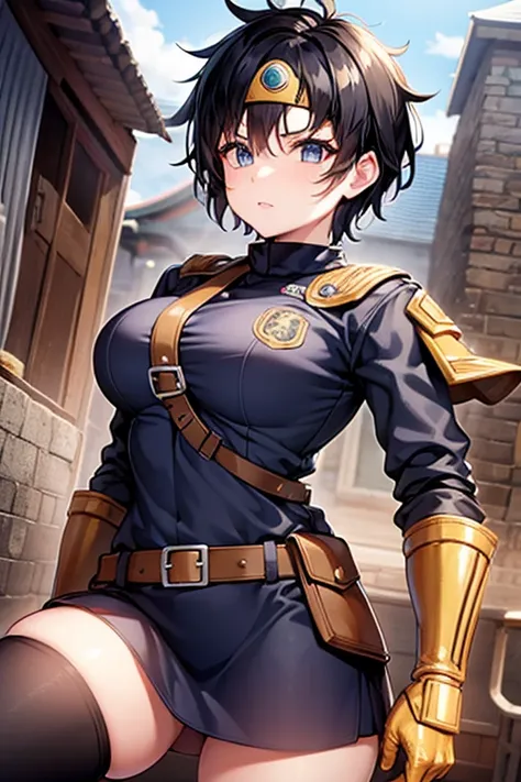 Female Warrior、 black hair、 short hair on the side of the uniform