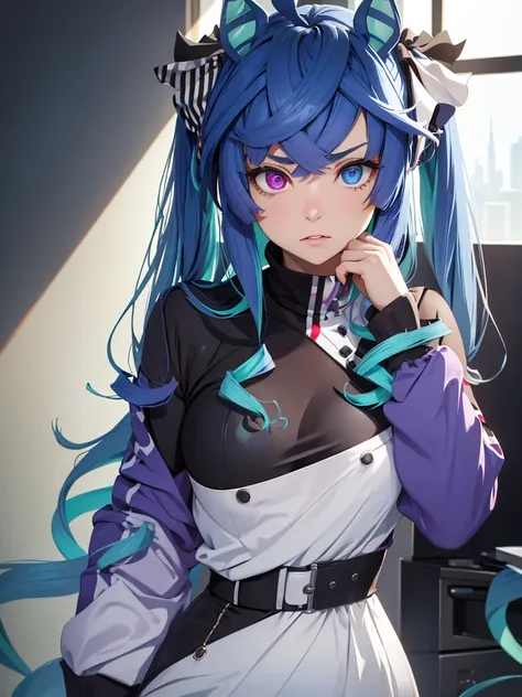 (​masterpiece, top-quality, hight resolution, Unity 8k, extremely details CG:1, Best Picture), ((small breasts)), Twin_Turbo_Umamusume, aqua hair, twintails, heterochromia, purple eyes, blue eyes, sharp teeth, horse ears, hotel room, She has an expression ...