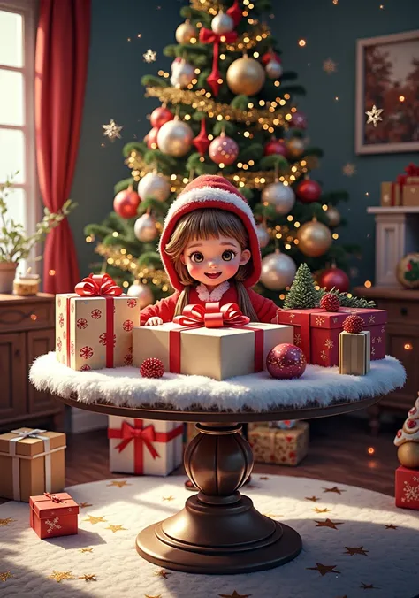 (best quality,4k,8k,highres,masterpiece:1.2),ultra-detailed,realistic,gifts,table,Christmas tree,decorations,wrapping ,bows,ribbon,presents,holiday spirit,vibrant colors,warm lighting,cozy atmosphere,toys,cards,candles,snowflakes,joyful,celebration,exquisi...