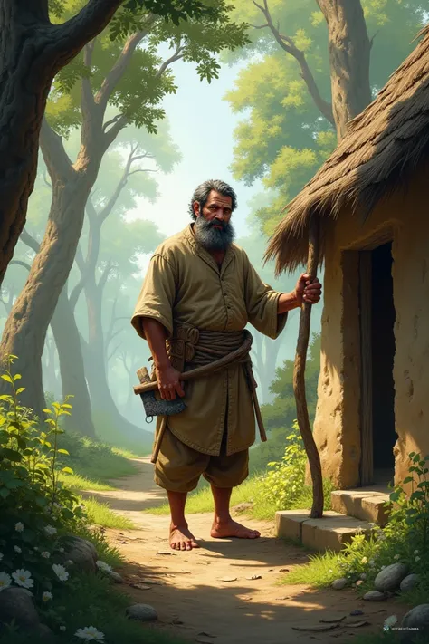 A peaceful village scene with Rahmat, a humble woodcutter, standing near his small mud hut. He is holding an axe, dressed in simple clothes, surrounded by greenery and tall trees.