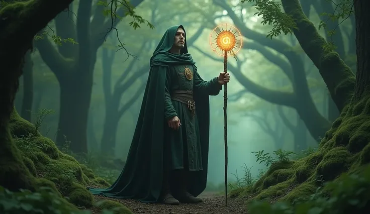 A mysterious figure, dressed in medieval 14th-century German attire, standing in a lush, ancient forest, surrounded by symbols of wisdom and arcane knowledge, holding a staff with glowing symbols, a sense of quiet determination in the air, soft, ethereal l...