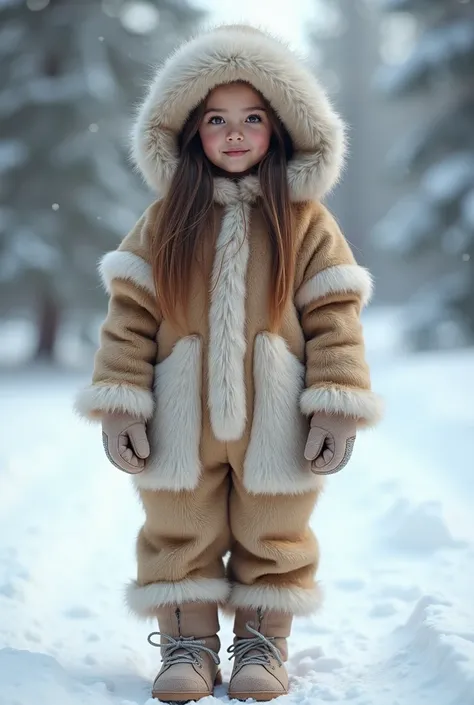 girl in winter double sided real ski fursuit with big over knee real fur boots, big double sided real fur mittens, big double sided real fur hat in full-length.