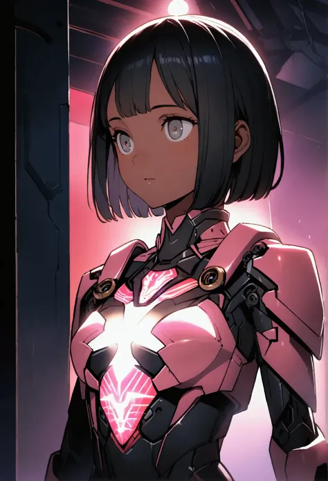 Young Japanese Girl ,  tanned dark skin . very beautiful Japanese high school girl wearing pink and white exoskeleton armor,  robot face on chest  ,  black hair short bob cut 、Patsun.  red ear mount  .  black hair mixed with slightly gray hair . ,  Detaile...