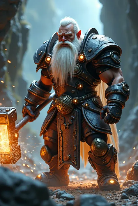 a beautiful, attractive & strong built body dwarven boy, bearded, strong looking, having a bulking long white hair style, wearing a dwarvish helmet, wearing a high technology bulky haevy armor with lot of thinkers gadgets, holding a big hammer hitting the ...