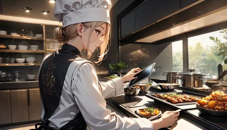  luxury restaurant interior {x} professional chef working in a restaurant,Portraiture, wearing a sophisticated chef coat , stylish kitchen hat , carefully serving food , using fine tableware ,Standing in a modern kitchen , operating a tablet device with co...