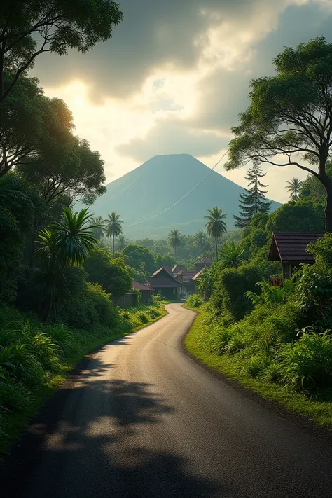 "Photo-realistic view of a small asphalt road in an Indonesian village, with a distant volcanic mountain under a cloudy sky. Sunlight breaks through the clouds, casting dramatic lighting on the road, plants, and trees typical of Indonesia’s lush landscapes...