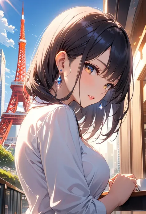 masterpiece,best quality,ultra detailed,high resolution,16k, beautiful,  1 girl ,  black long hair by lla,Business shirts、 earrings for a woman alone, Outdoor、Married Woman,sunlight、Clear skies、Cafes in Tokyo、Skyscrapers in the background、 Tokyo tower 、coq...