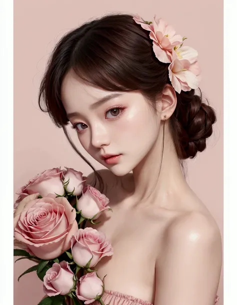 a close up of a woman holding a bunch of pink roses, inspired by Yanjun Cheng, 🌺 cgsociety, aesthetic portrait, artwork in the style of guweiz, yanjun chengt, guweiz, ulzzang, by Yang J, sakimichan, pastel pink skin tone, xintong chen, with flowers, xision...