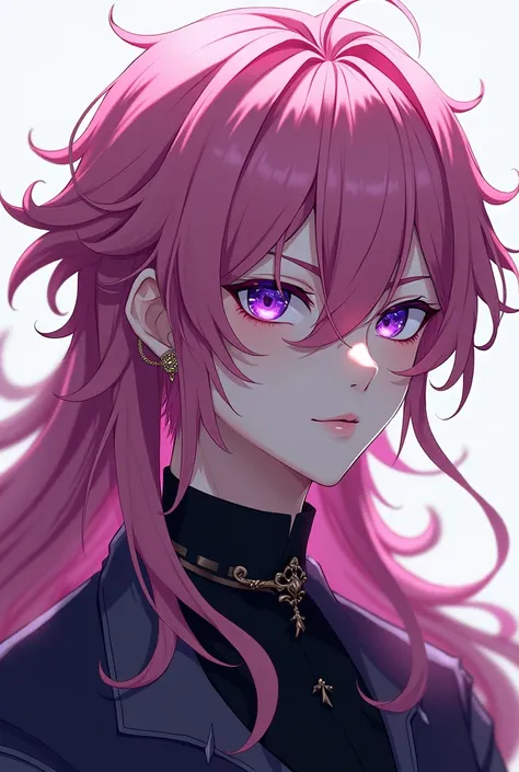 Anime, handsome youth, long pink coloured hair that is slightly pulled back on the left side 
very ruffled at his forehead, dividing into multiple other strands, mesmerising amethyst eyes, male idol, amethyst cross earring on the left ear, noble bearing, d...