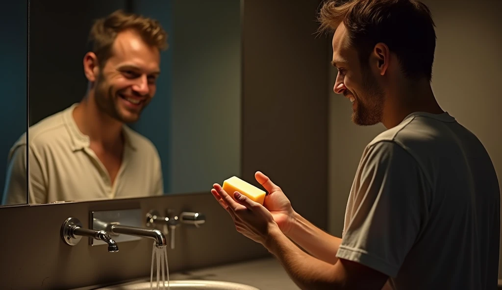 A close-up of the man standing in his minimalist bathroom with metallic, industrial-style decor. He holds the soap bar in his hands, looking at it with a pensive, soft smile. His reflection in the mirror captures the flicker of nostalgia in his eyes. Water...