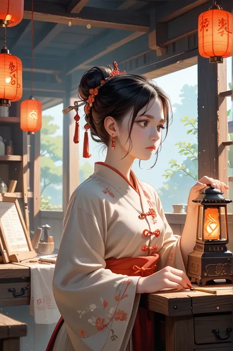 A silent and reserved female artisan from an ancient Chinese-inspired fantasy world. She has a calm and serious demeanor, wearing practical yet elegant traditional attire in earthy tones. Her hair is tied in a simple bun with loose strands framing her face...