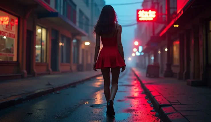 a guy in a red mini dress walk hand in hand through a deserted city at night 