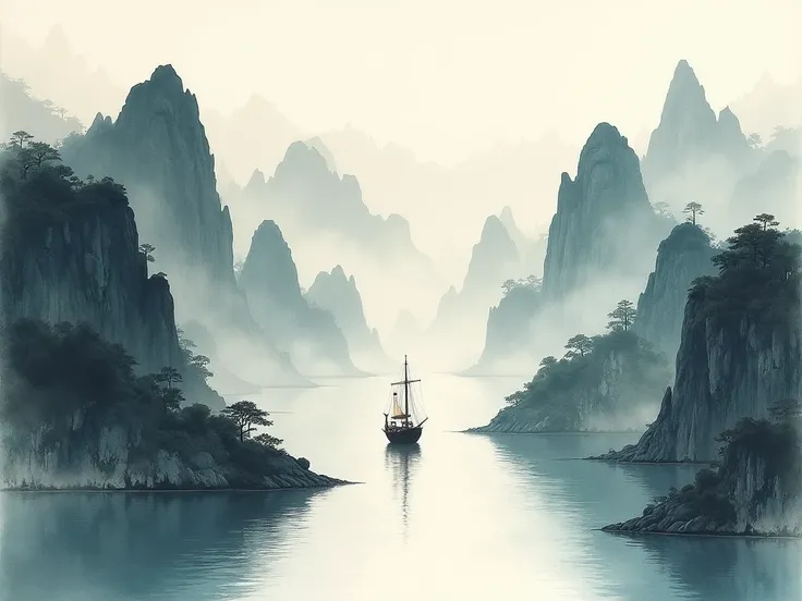  Chinese landscape painting ，ink and watercolor painting，water ink，ink，Smudging ，Water ink ，Ultra wide angle，meticulous， A small ship in the distance ，Water ink ，meticulous，Smudging ，Blurred ，low contrast， A light ship has crossed 10,000 heavy mountains.，B...