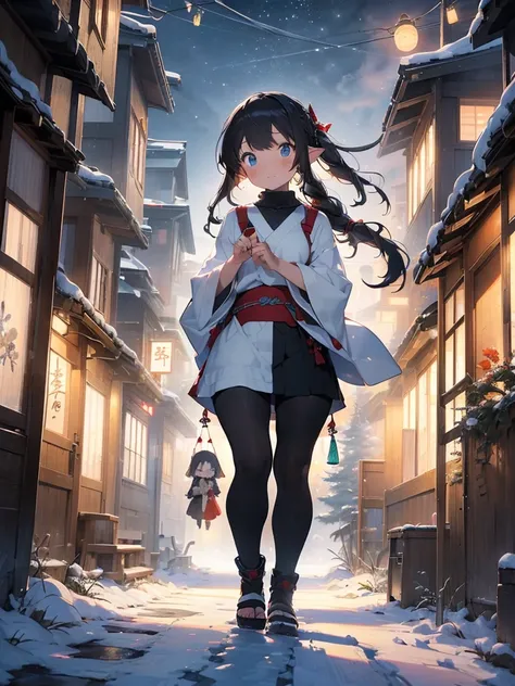 Masterpiece, High Resolution, 8K, ((Best Quality)), ((Masterpiece)), (Details), High Quality, 8K Ultra HD, ((Japanese Painting)), Snowy Mountains in a Snowstorm. ((midnight)). ((Elf girls are walking down a dark road holding wind chimes in their hands)). (...