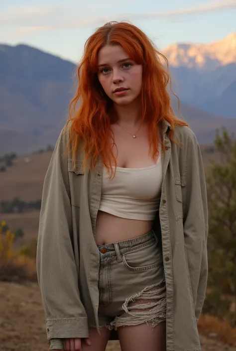 1girl in, age21, Madelaine Petsch, photo of perfect woman, 53", Solo, Aesthetic artwork, (irish redhead, wavy ginger hair, waist length ginger hair:1.25), (some small freckles, pale skin, medium breasts, B-cup, perky, hard nipples, runners body, thin waist...