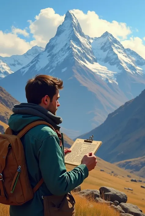 Cordillera de los Andes with an anthropologist looking at them carrying a card that tells the history of Argentinian anthropology 