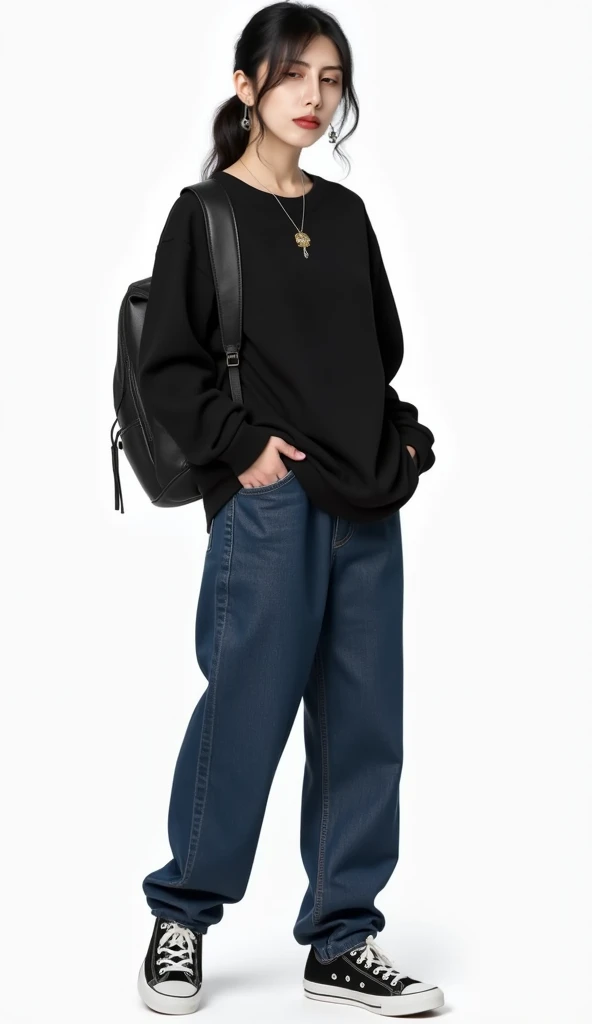 Full body photo, white background, solo, a 25-year-old Asian young girl, wearing makeup, baseball cap, one handed pocket, black loose sports shirt, dark blue loose jeans, black low ponytail, a few strands of hair hanging on her face, fashionable clothing, ...