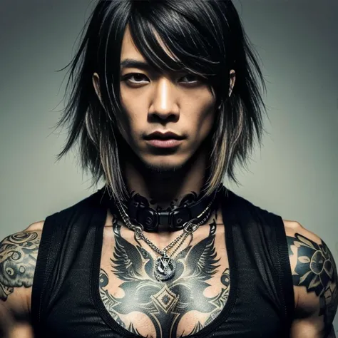 1 man, Japanese man, male, Asian eyes, muscular, broad shoulders, tattoos, hairstyle Visual Kei style, hair Visual Kei, black mens shirt and black pants, ultra detailed face and eyes, hyperrealistic, realistic representation, long hair, long hair, 30 years...