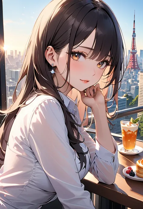 masterpiece,best quality,ultra detailed,high resolution,16k, beautiful,  1 girl ,  black long hair by lla,Business shirts、 earrings for a woman alone, Outdoor、Married Woman,sunlight、Clear skies、Cafes in Tokyo、Skyscrapers in the background、 Tokyo tower 、coq...