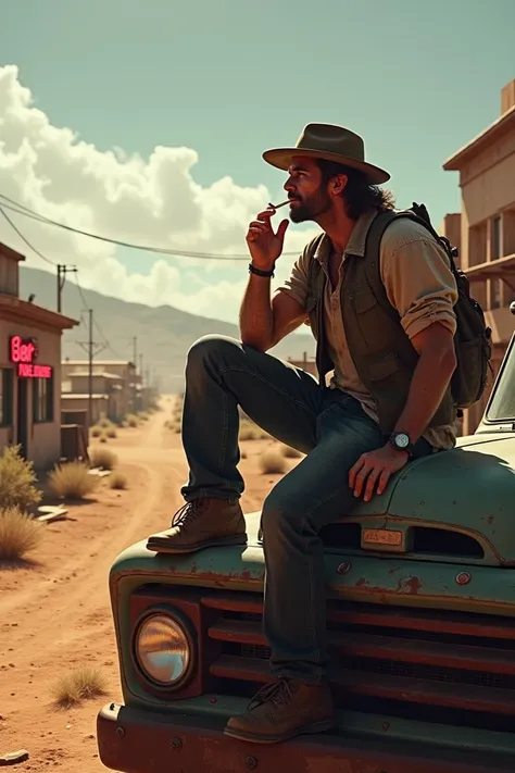 Imagine a rugged, isolated desert town at the edge of a vast, dusty landscape, where chaos meets tranquility. The scene centers on a rough-and-tumble, weathered man (resembling Trevor Phillips), sitting on the hood of a rusty old truck, smoking a cigarette...