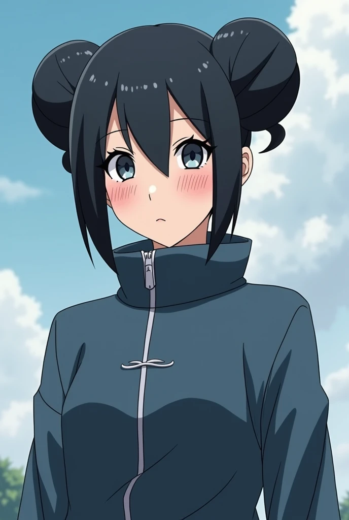 Anime, only Naruto anime show(female Naruto skin color, black) baryon mode  (Naruto, female outfit, color, silver(and blue design detail trim)Black Hair, Doughnut Hair Bun, 