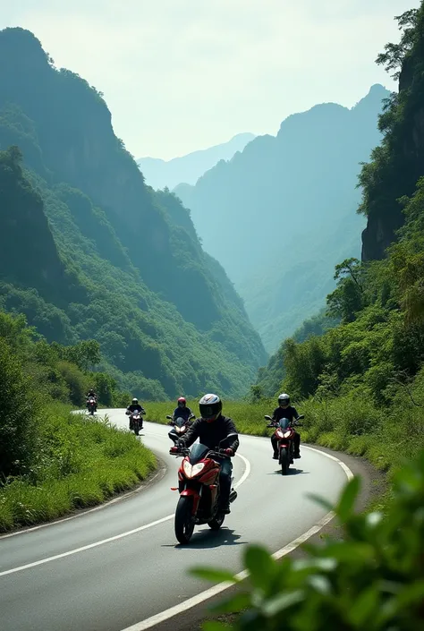 Adventure honda riders in valley, fullface helmet, curve road, trees, moutain, VietNam