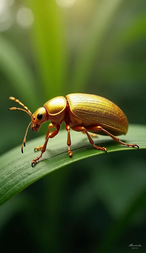 "Create a realistic image of a Sternocera (Ponvandu), a beautiful golden beetle, perched on a leaf. The beetle should have a shiny, metallic golden body with intricate patterns and a smooth, reflective surface that catches the light. Its legs should be sle...