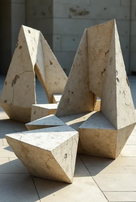 Design of three broken stone triangles with open angles and corners for sitting and sunlight passing through the angles