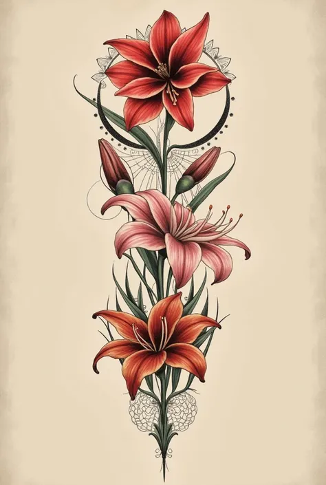 Create an intricate and elegant tattoo design inspired by the floral beauty of Amaryllis, Lycoris squamigera, and Lycoris radiata. Arrange the flowers to form a harmonious composition, with each species distinct yet interwoven. The Amaryllis should feature...