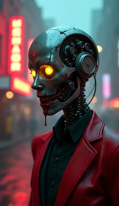 A hyper-detailed humanoid robot in a dark red suit with a black shirt, its face half-strange with exposed intricate mechanical systems. Cyan and yellow light shaders illuminate its reflective, metallic skin, emphasizing bolts, gears, and grunge textures. T...