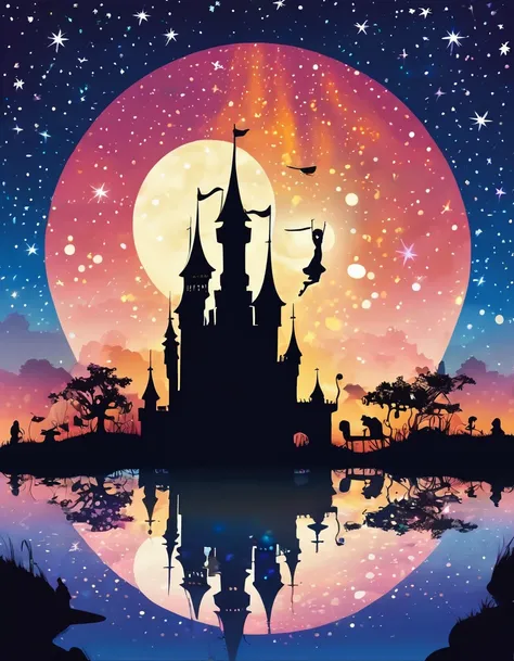 Shadow art, silhouette art, everything except the shadows is colored with colored cellophane, masterpiece, shadows of prince and princess facing each other, bright starry sky, castle background, angels ladder, fairy tale land, never-never land, starry sky ...