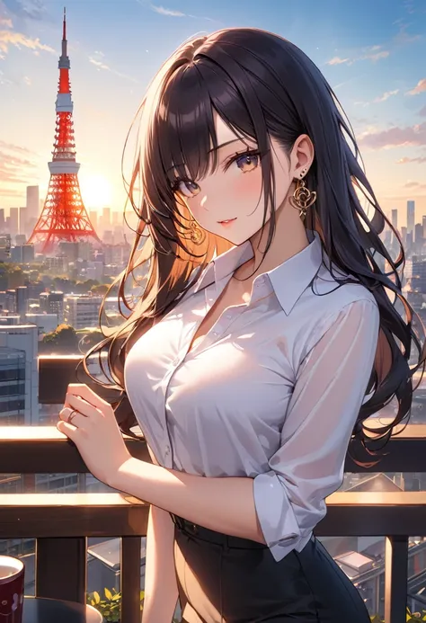 masterpiece,best quality,ultra detailed,high resolution,16k, beautiful,  1 girl ,  black long hair by lla,Business shirts、 earrings for a woman alone, Outdoor、Married Woman,sunlight、Clear skies、Cafes in Tokyo、Skyscrapers in the background、 Tokyo tower 、coq...