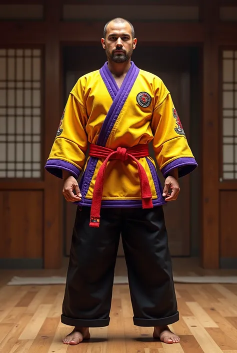 Karate clothing that wears red, yellow, purple and black
