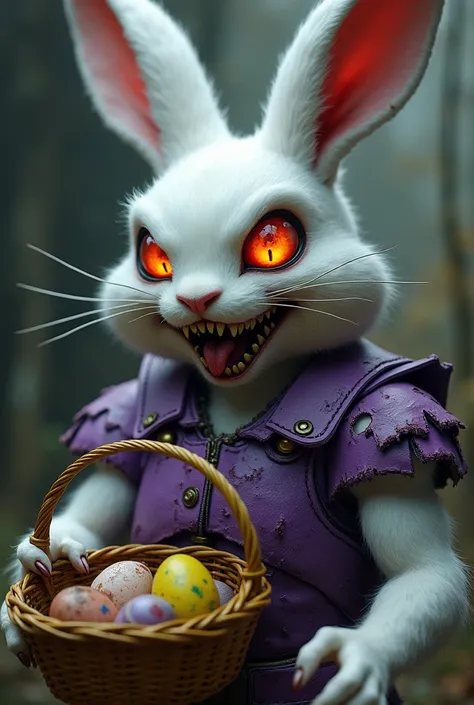 Muscular anthro male rabbit, white fur, glowing rainbow eyes, malicious drooling grin, torn faded purple easter armor, wielding a big gold Easter basket, rotten Easter eggs in basket, spooky Easter atmosphere, detail, photorealistic, horror fantasy style 